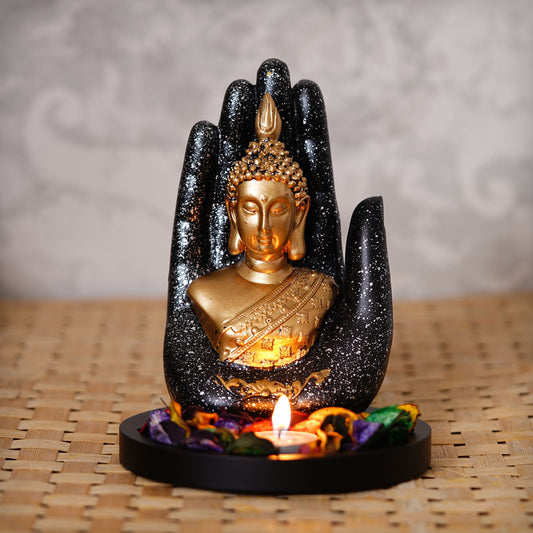 Golden Handcrafted Palm Buddha with Wooden Base